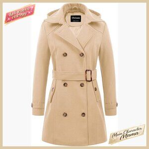 Double Breasted Pea Coat Hooded Long Winter Trench Coat Classic Chic